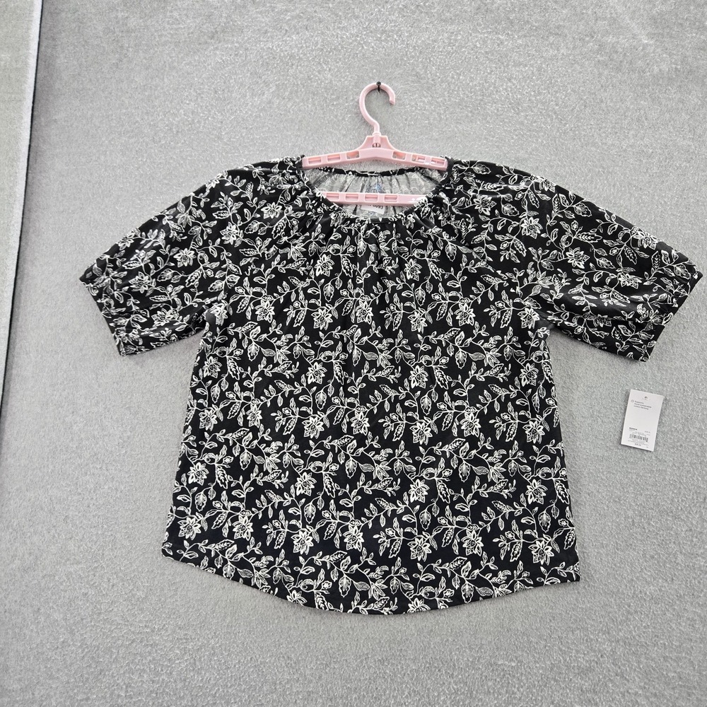 Croft & Barrow Women Blouse XL Black Floral Crew Neck Balloon Sleeve NWT